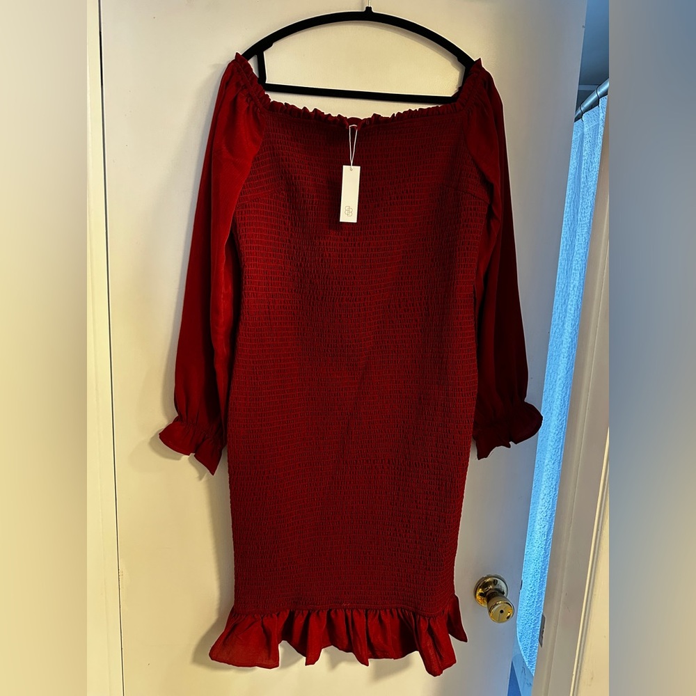 Deep rust off shoulder midi dress